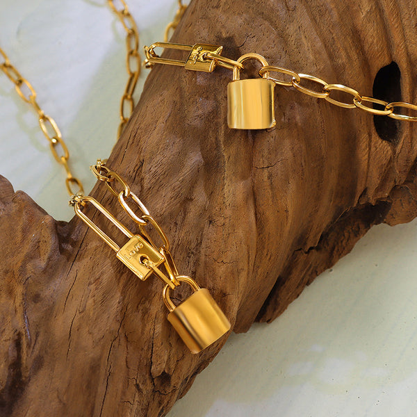 {AEELIN} Gold Plated Lock Cross Chain Titanium Steel Necklace