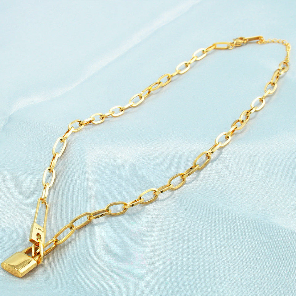 {AEELIN} Gold Plated Lock Cross Chain Titanium Steel Necklace